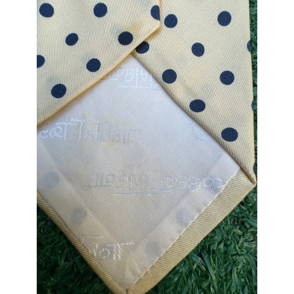 Robert Talbott Reyn's Mens Silk Tie Polka Dot Yellow Navy Blue Hand Sewn USA‎